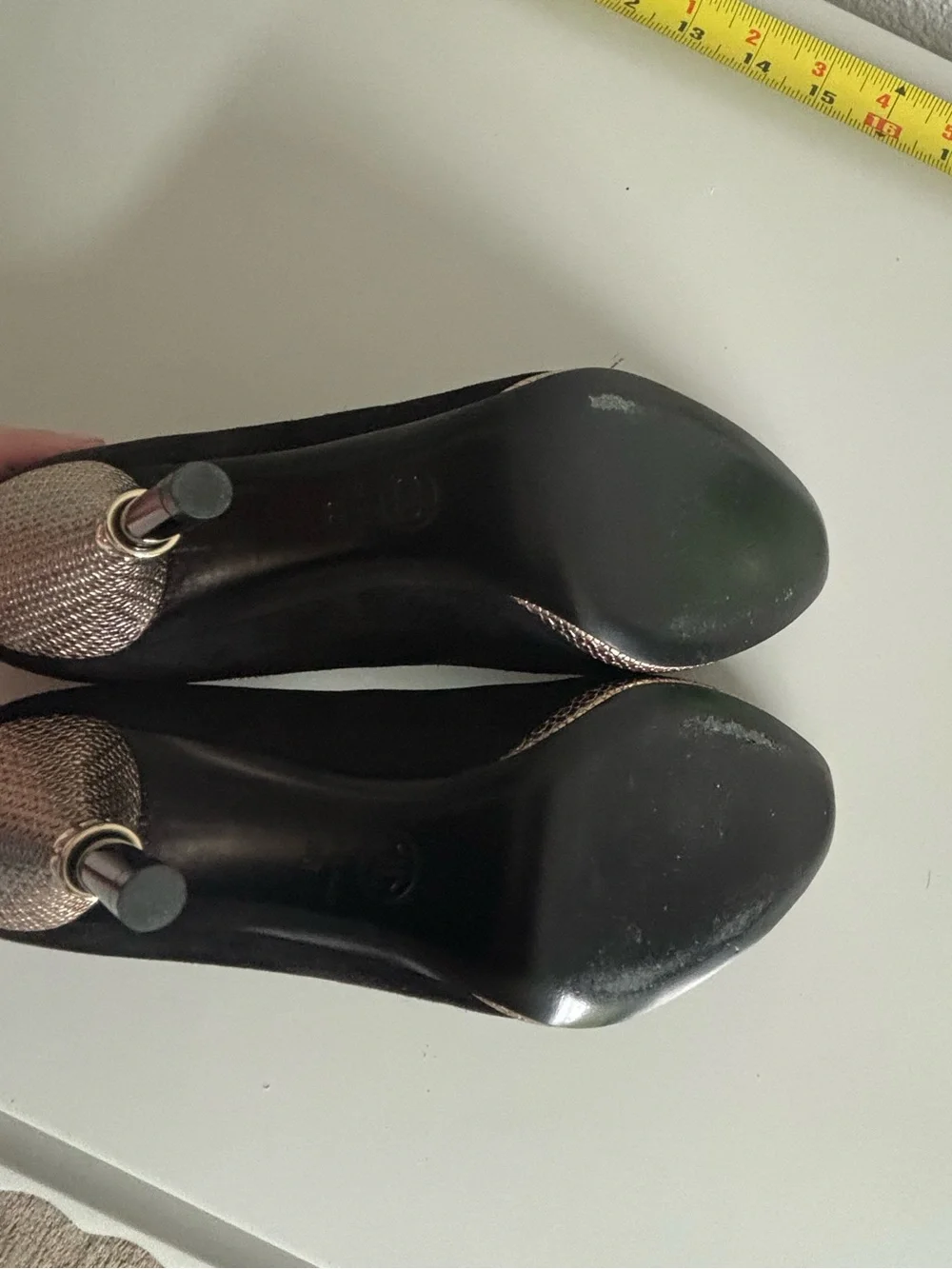 Authentic Chanel 4.5in Black Suede Heels with Rose Gold Patterned